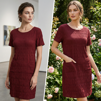Robe femme à col rond, texturée, arrivant aux genoux