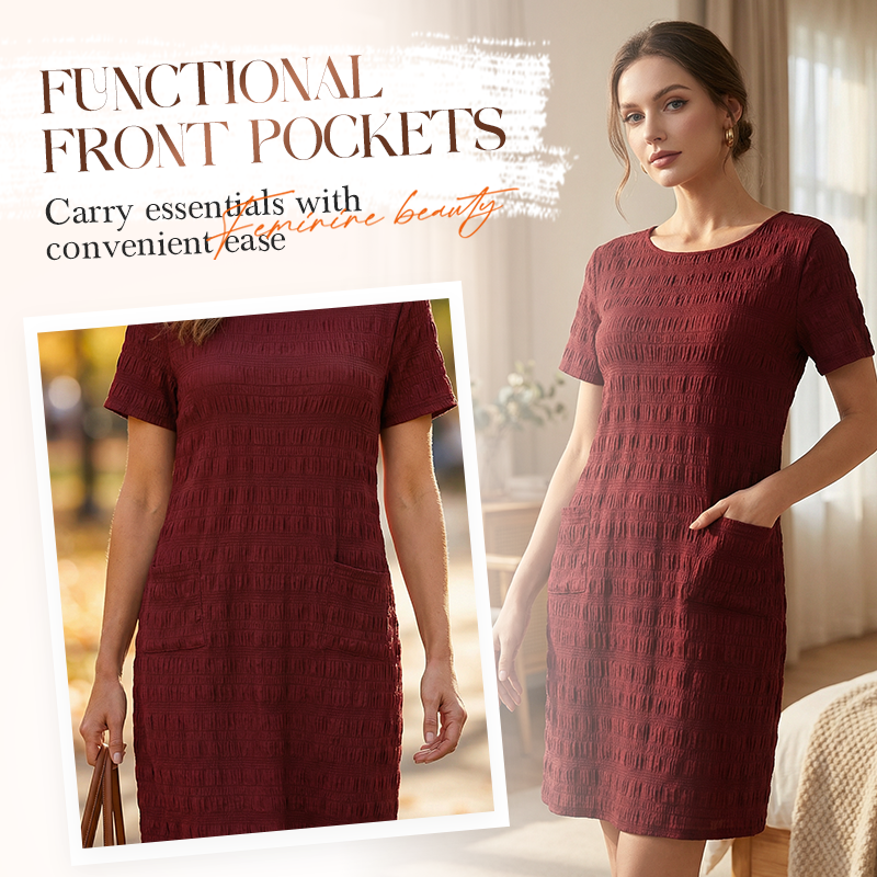 Robe femme à col rond, texturée, arrivant aux genoux