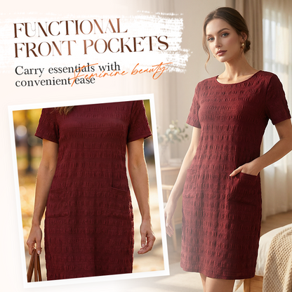 Robe femme à col rond, texturée, arrivant aux genoux