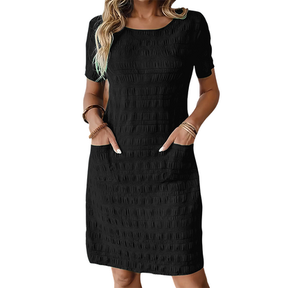 Robe femme à col rond, texturée, arrivant aux genoux