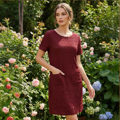 Robe femme à col rond, texturée, arrivant aux genoux