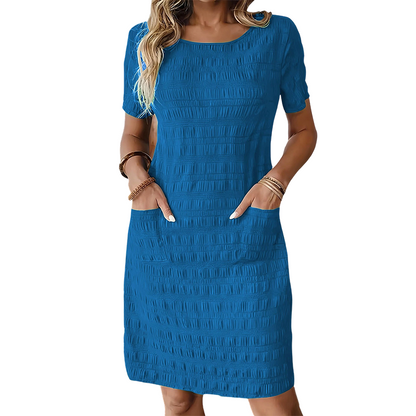 Robe femme à col rond, texturée, arrivant aux genoux