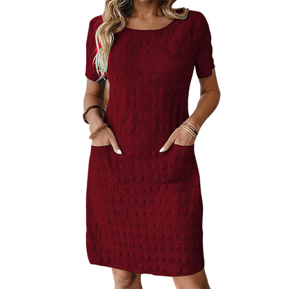Robe femme à col rond, texturée, arrivant aux genoux
