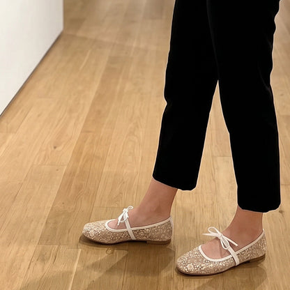 🌸 Élégantes chaussures plates en maille avec nœud et motif floral