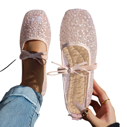 🌸 Élégantes chaussures plates en maille avec nœud et motif floral