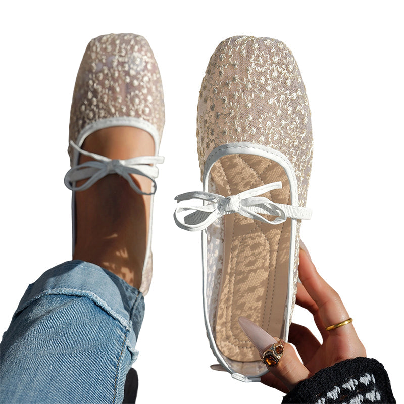 🌸 Élégantes chaussures plates en maille avec nœud et motif floral