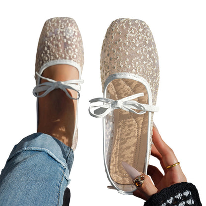 🌸 Élégantes chaussures plates en maille avec nœud et motif floral