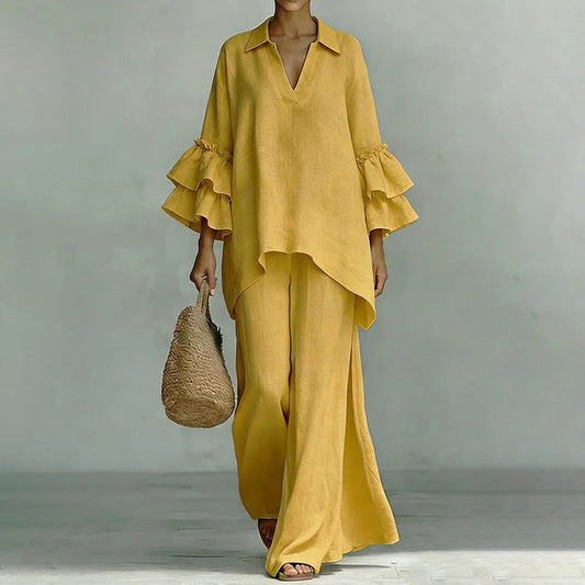 Haut minimaliste à manches longues et pantalon à jambes larges pour femme