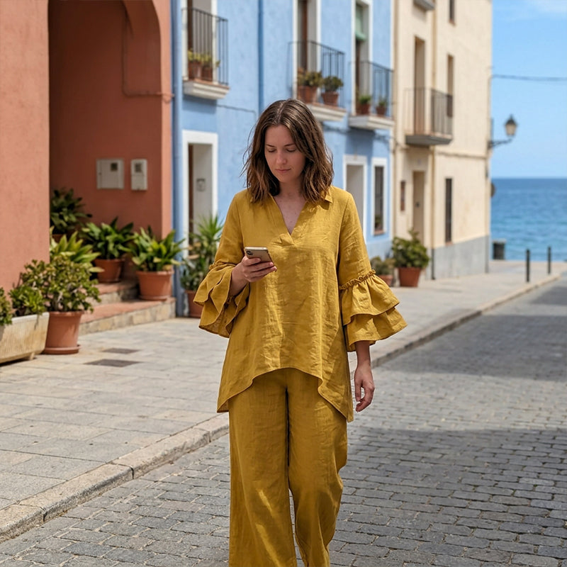 Haut minimaliste à manches longues et pantalon à jambes larges pour femme