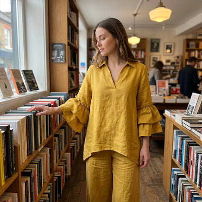 Haut minimaliste à manches longues et pantalon à jambes larges pour femme
