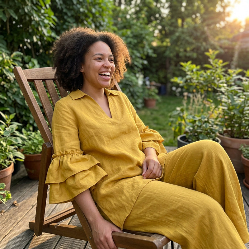 Haut minimaliste à manches longues et pantalon à jambes larges pour femme