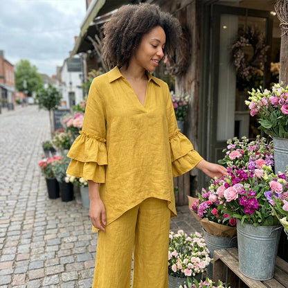 Haut minimaliste à manches longues et pantalon à jambes larges pour femme