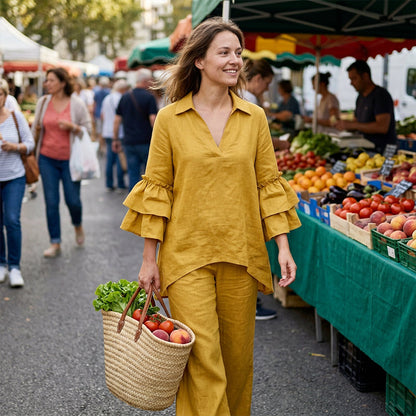 Haut minimaliste à manches longues et pantalon à jambes larges pour femme