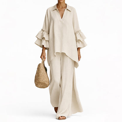 Haut minimaliste à manches longues et pantalon à jambes larges pour femme
