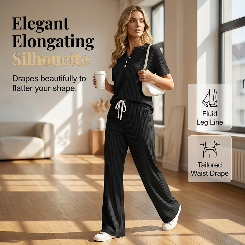 Ensemble 2 pièces pour femme : haut et pantalon en maille côtelée