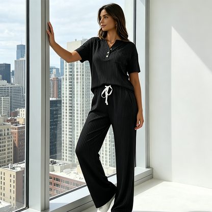Ensemble 2 pièces pour femme : haut et pantalon en maille côtelée