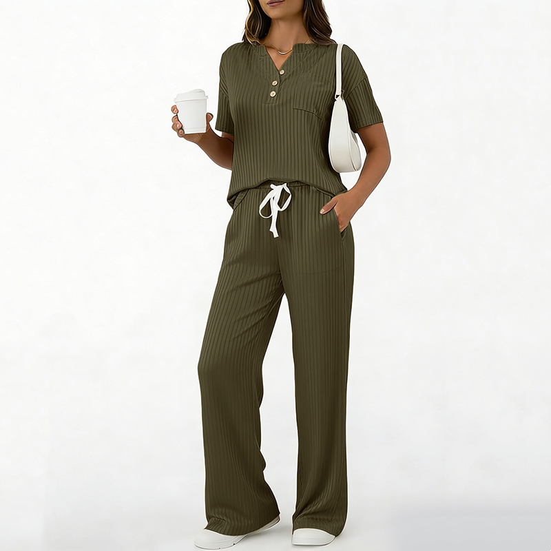 Ensemble 2 pièces pour femme : haut et pantalon en maille côtelée