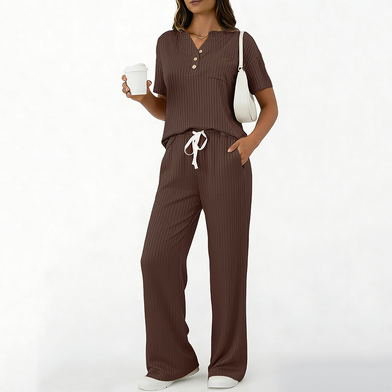 Ensemble 2 pièces pour femme : haut et pantalon en maille côtelée