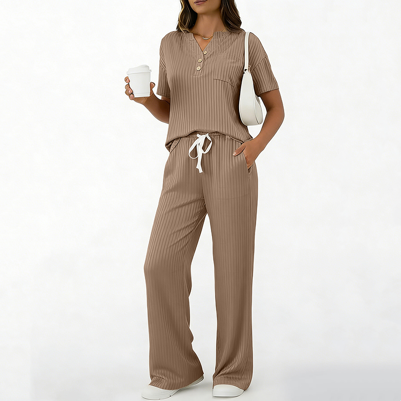 Ensemble 2 pièces pour femme : haut et pantalon en maille côtelée