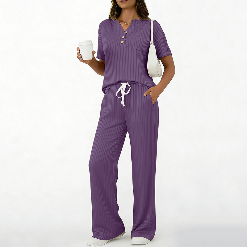 Ensemble 2 pièces pour femme : haut et pantalon en maille côtelée