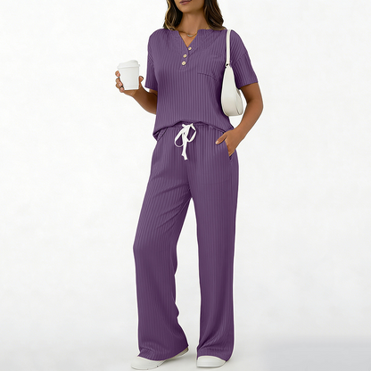 Ensemble 2 pièces pour femme : haut et pantalon en maille côtelée
