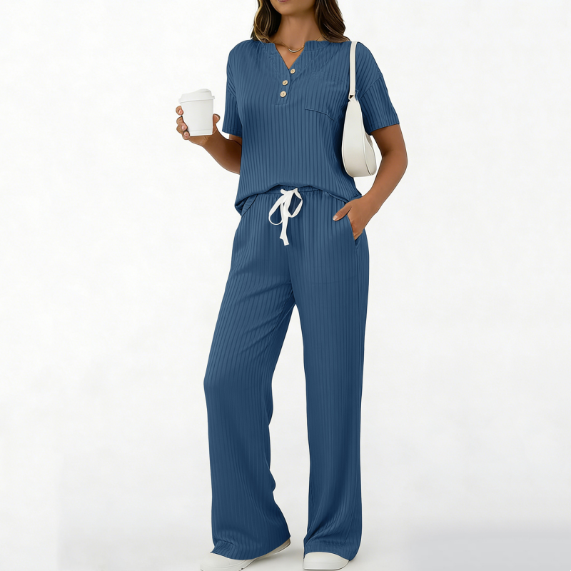 Ensemble 2 pièces pour femme : haut et pantalon en maille côtelée