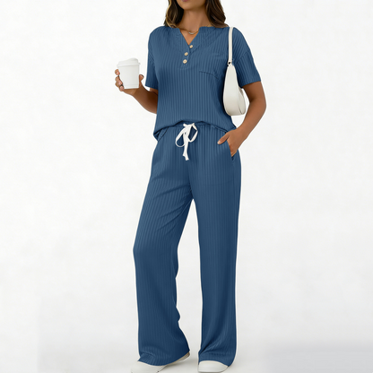 Ensemble 2 pièces pour femme : haut et pantalon en maille côtelée