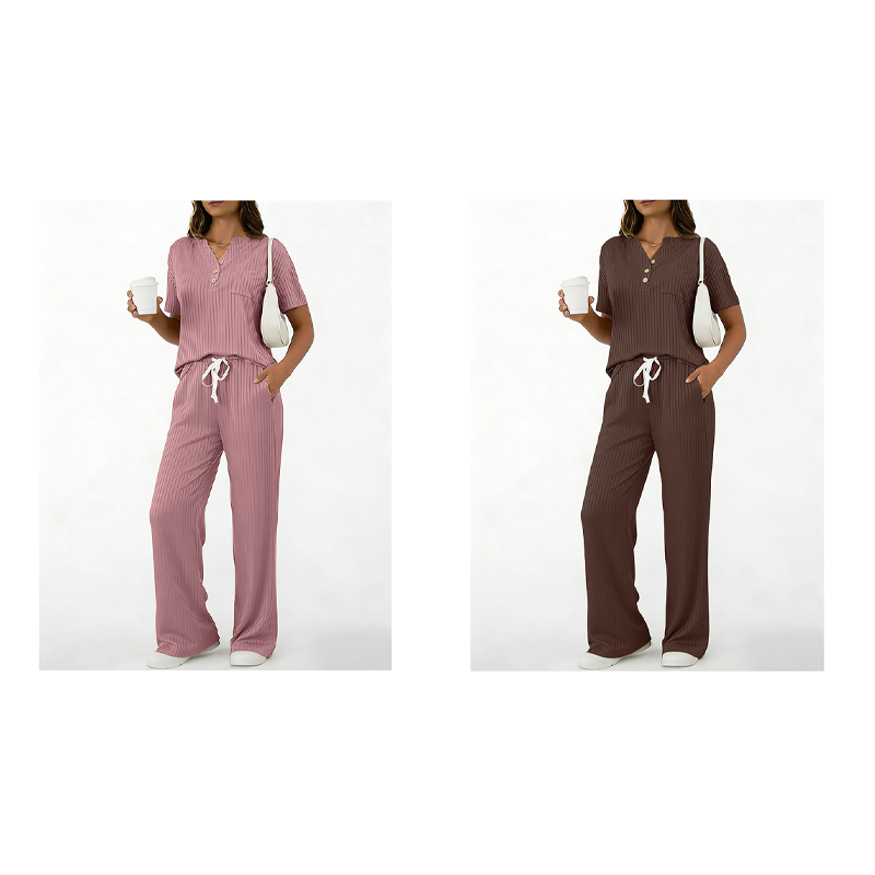 Ensemble 2 pièces pour femme : haut et pantalon en maille côtelée