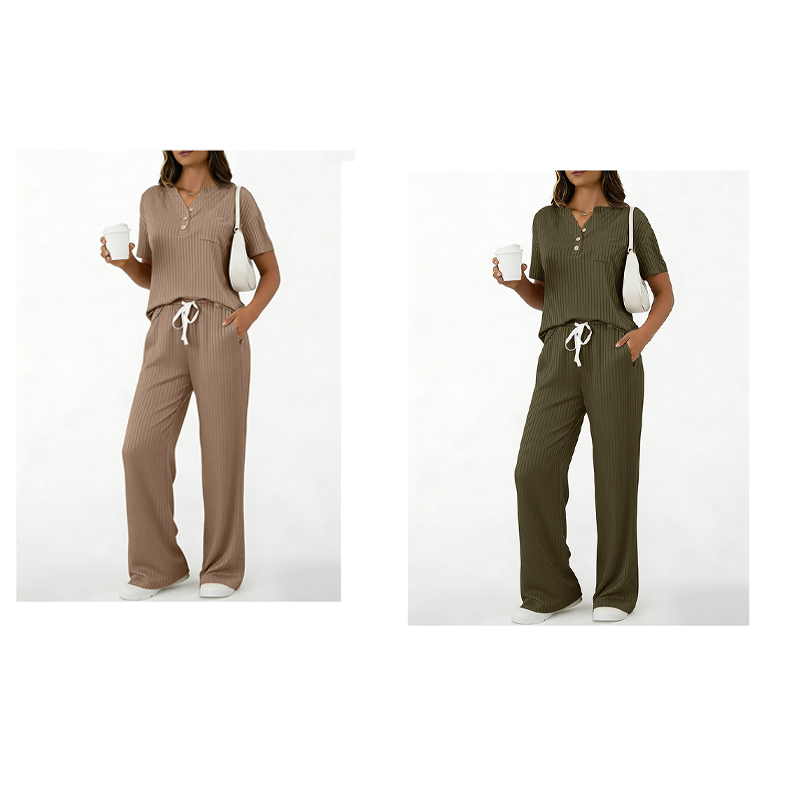Ensemble 2 pièces pour femme : haut et pantalon en maille côtelée