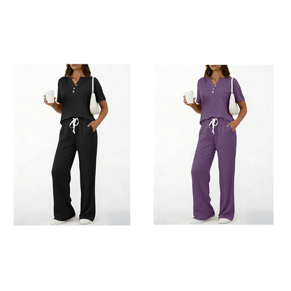 Ensemble 2 pièces pour femme : haut et pantalon en maille côtelée