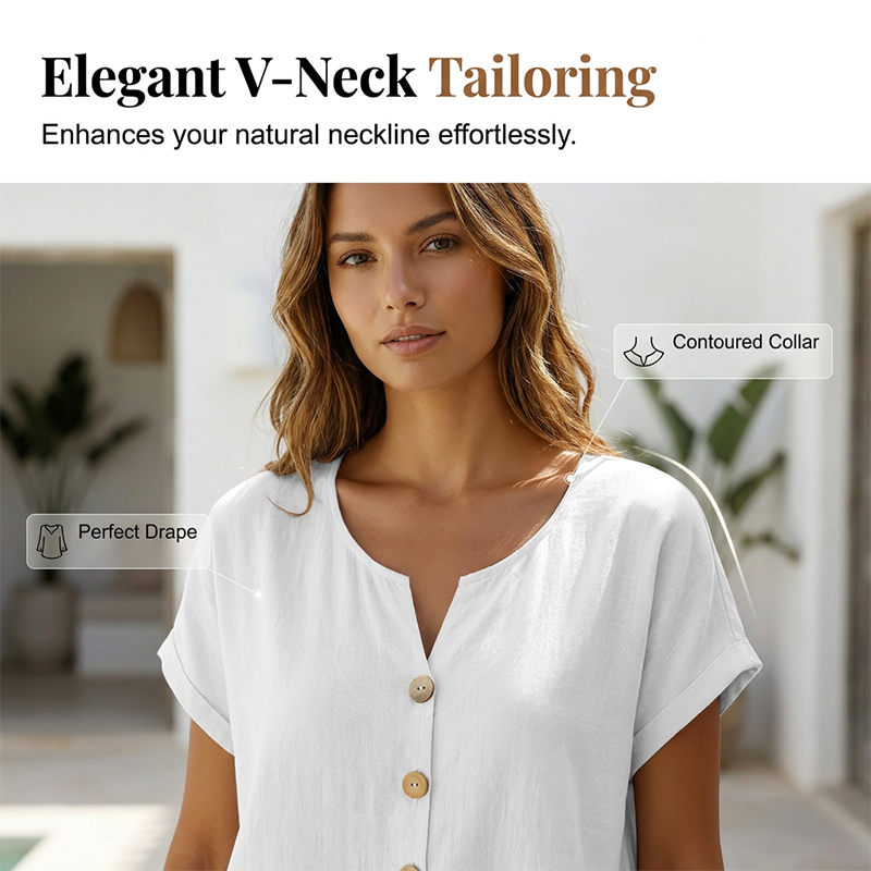 🔥Offre à durée limitée – T-shirt décontracté à col en V et boutons pour femme