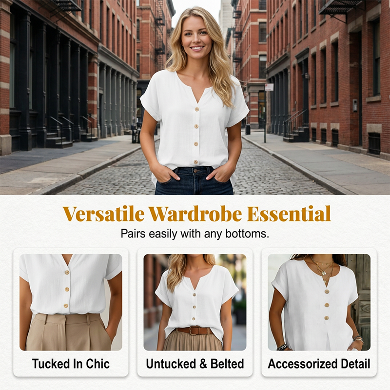 🔥Offre à durée limitée – T-shirt décontracté à col en V et boutons pour femme