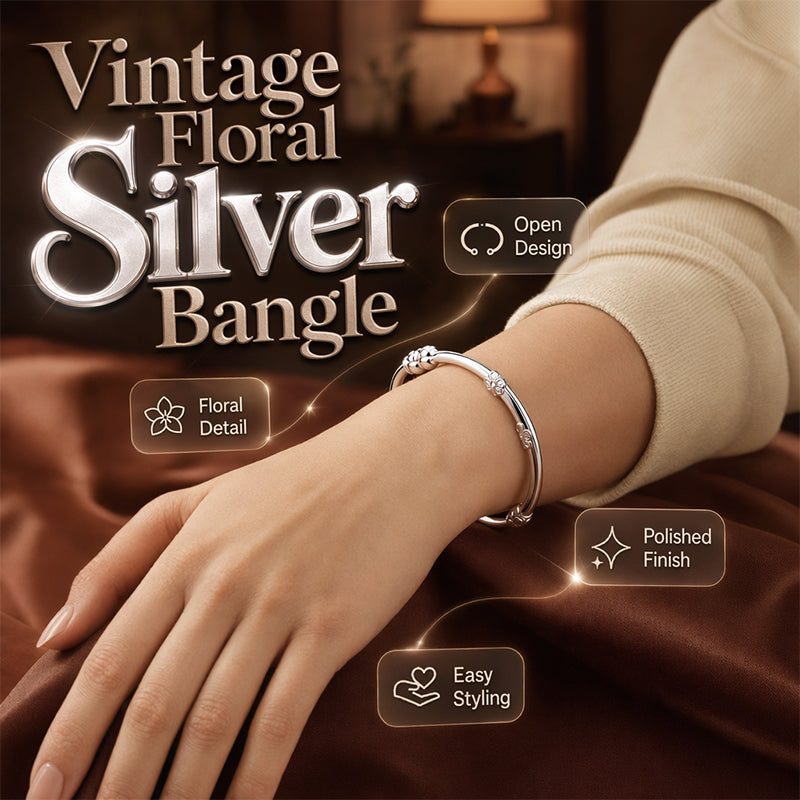 ⌛Offre à durée limitée – Bracelet rigide vintage à motif floral argenté