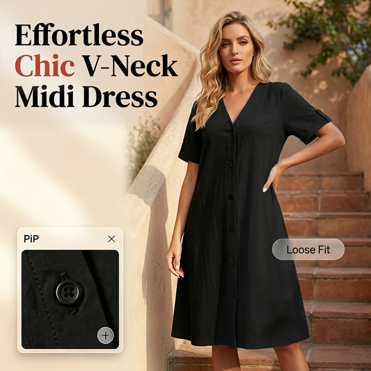 Robe midi boutonnée à manches courtes et col en V pour femme