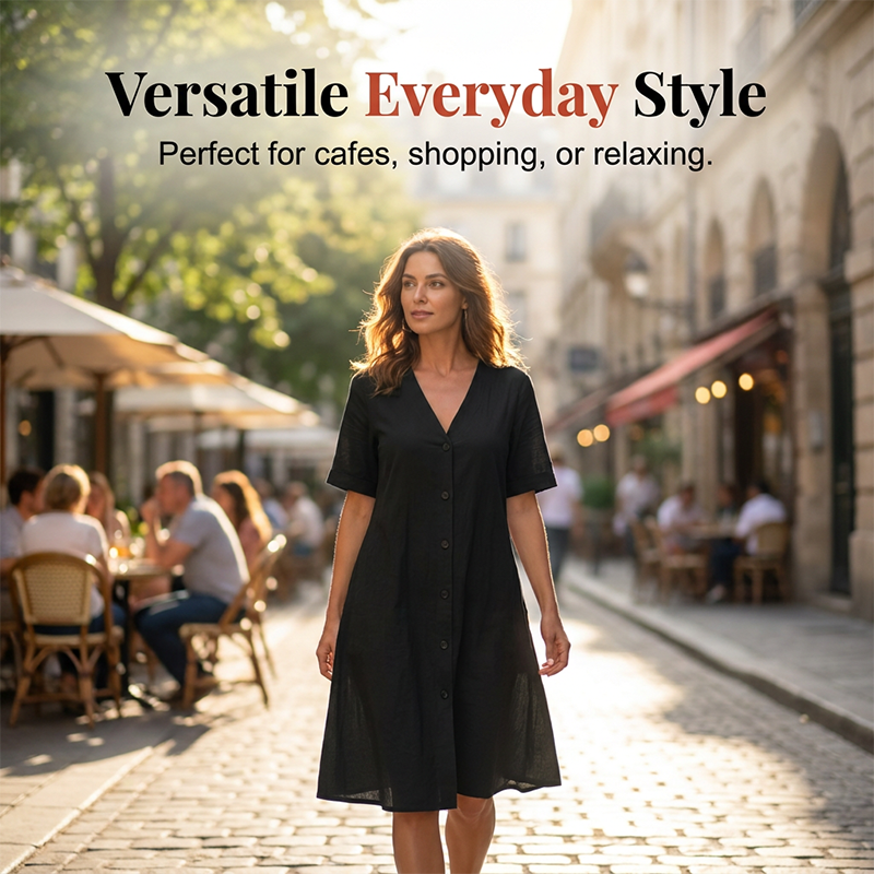 Robe midi boutonnée à manches courtes et col en V pour femme