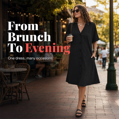 Robe midi boutonnée à manches courtes et col en V pour femme
