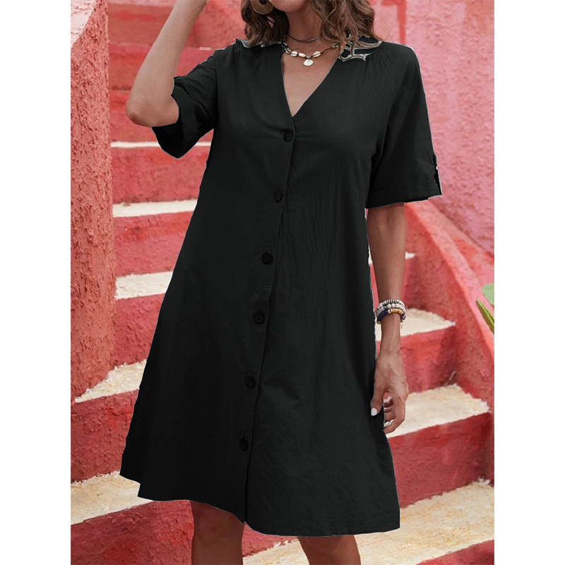 Robe midi boutonnée à manches courtes et col en V pour femme