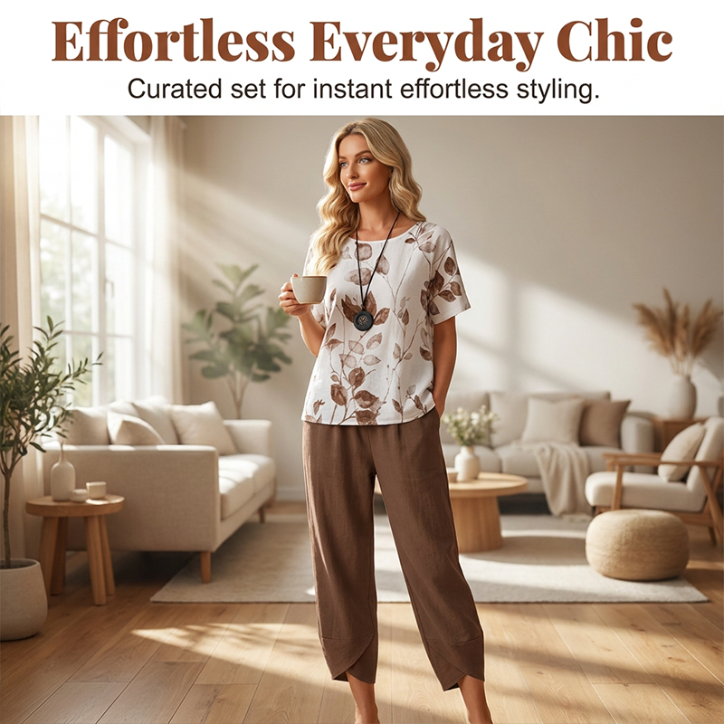 👗 50% DE RÉDUCTION 🌸 Ensemble imprimé décontracté – Haut & pantalon assortis, coupe légère – Parfait pour l’été, les voyages ou un look bohème chic – confortable et tendance ✨🌿