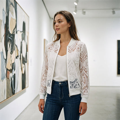 ⌛Offre à durée limitée – Blouson aviateur élégant en dentelle à motifs floraux pour femme