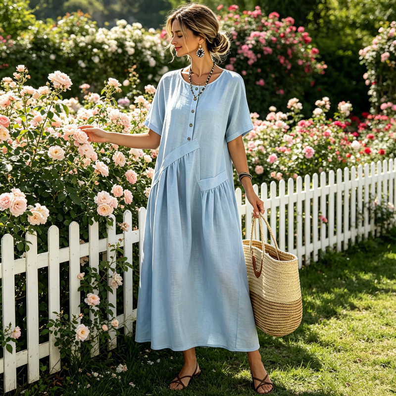 ⌛Offre à durée limitée – Robe longue à manches courtes et boutons sur le devant pour femme