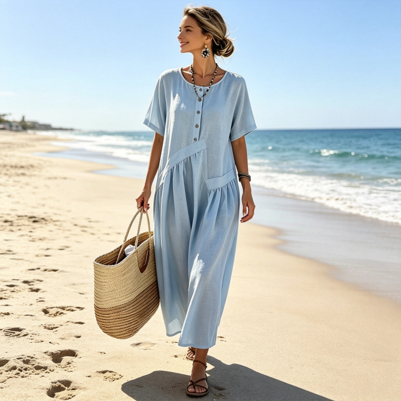 ⌛Offre à durée limitée – Robe longue à manches courtes et boutons sur le devant pour femme
