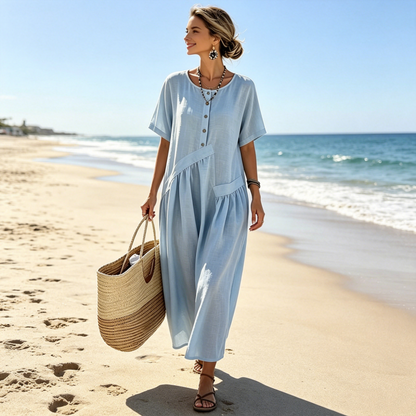 ⌛Offre à durée limitée – Robe longue à manches courtes et boutons sur le devant pour femme