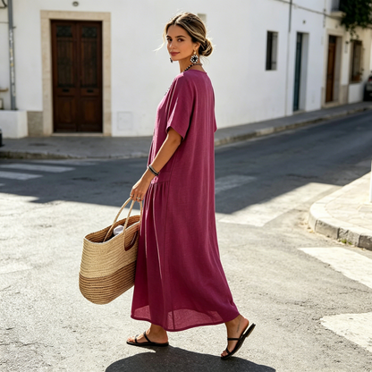 ⌛Offre à durée limitée – Robe longue à manches courtes et boutons sur le devant pour femme
