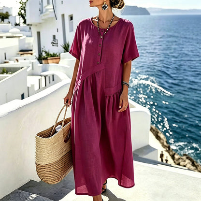 ⌛Offre à durée limitée – Robe longue à manches courtes et boutons sur le devant pour femme