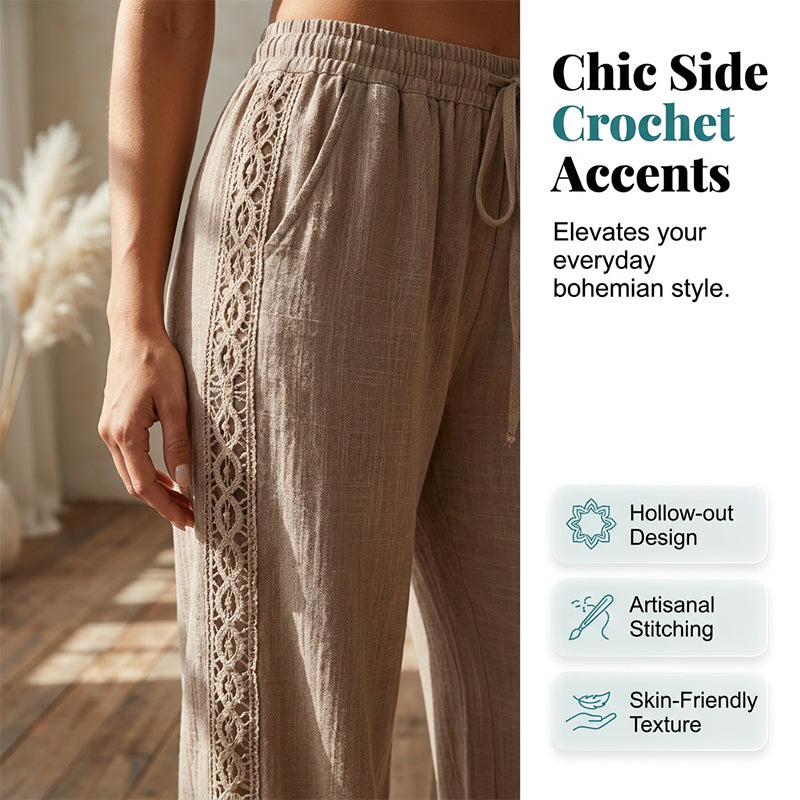 👖🌸 Pantalon bohème léger avec détails en dentelle et taille élastiquée