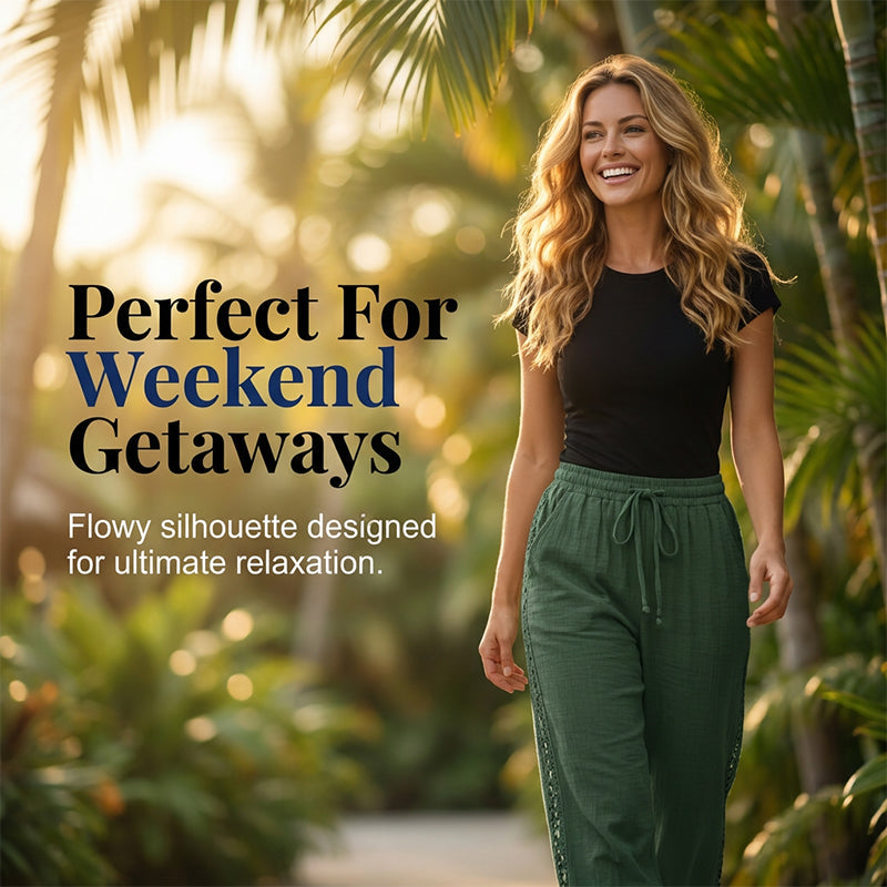 👖🌸 Pantalon bohème léger avec détails en dentelle et taille élastiquée