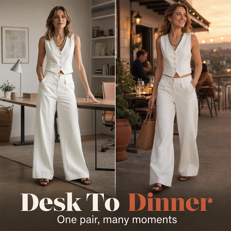 Pantalon ample décontracté en coton et lin pour femme
