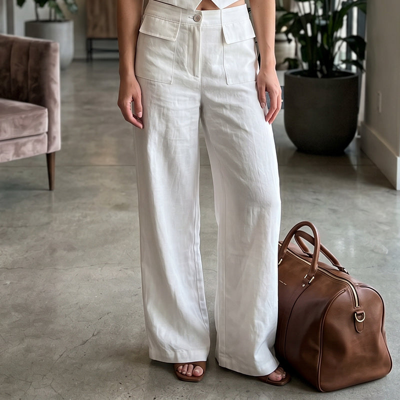 Pantalon ample décontracté en coton et lin pour femme