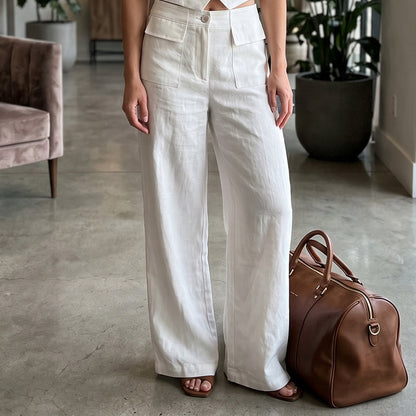 Pantalon ample décontracté en coton et lin pour femme