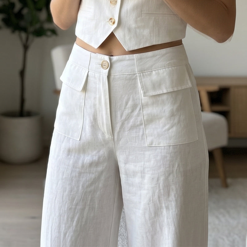 Pantalon ample décontracté en coton et lin pour femme